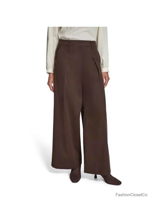 Pants - High-Waisted Wide Leg Trouser Pant Pleated Front Chino Cotton